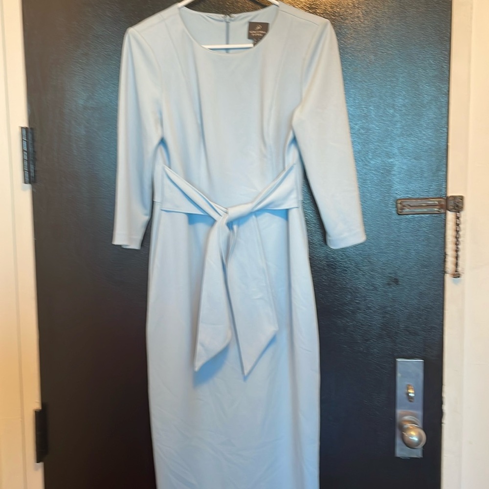 Adrianna papell Stretch Crepe Crew Neck Tie Waist 3/4 Sleeve Midi Sheath Dress